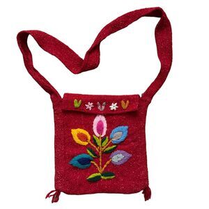 VTG Wool Crossbody Bag Embroidered Flowers Fringe Hem Foldover Purse Red Knit